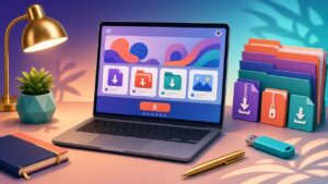میز کار با لپ‌تاپ و فایل‌های دانلودی برای فروش آنلاین